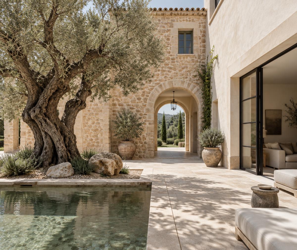 Mallorcan stone courtyard with an old olive tree and reflecting pool